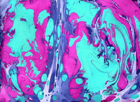 Handmade marble texture. Fluid paints. Can be used for print, background, textile, design of posters, cards, wallpapers. Modern artwork. Marbling drawing brush. Pink, violet and blue colours.