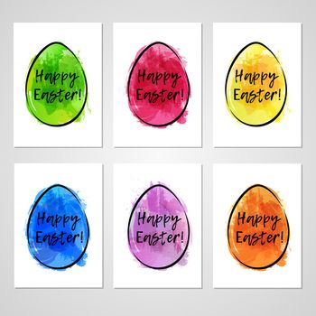 Set of Easter cards with colorful eggs on gray background. Imitation of watercolor. Template for greeting Easter cards.