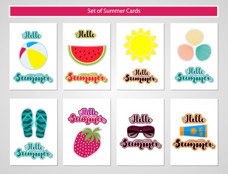 Set of summer cards with summer symbols and lettering. illustration for cards, banners, posters, flyers, stickers and much more.