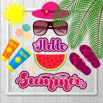 Hand lettering Hello Summer and beach accessories on gray wooden background. Template for posters, cards and other items. illustration. .