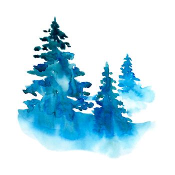 Watercolor winter snow forest isolated on white background. Treescape with pine and fir Illustration landscape for print, texture, wallpaper, greeting card. Blue and green color Beautiful watercolour.