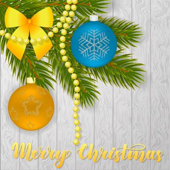 Merry Christmas. Beautiful greeting card with Christmas tree, Christmas balls, bow, beads and handwritten lettering on wooden background. illustration. .