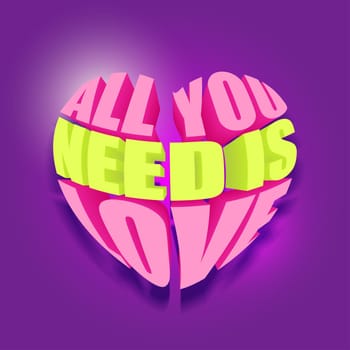 All you need is love. 3D text on purple background.