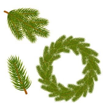 Set of Christmas tree branches. Branches and a wreath of spruce or pine. Christmas and New Year decorations. illustration isolated on white background.