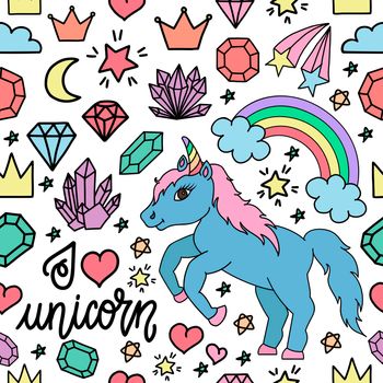 Hand drawn seamless pattern with unicorns, rainbows, crystals and other elements. background doodle or cartoon style for wrapping paper, wallpaper, textile and much more.