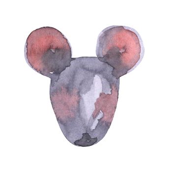Mouse watercolour illustration. Funny icon of animal. Grey rat with pink ears isolated on white background. 2020 new year painting symbol. Drawing art object for design.