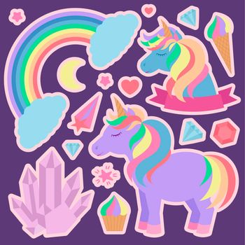 Cute unicorns and other elements. Set of illustrations on dark purple background for stickers and much more.