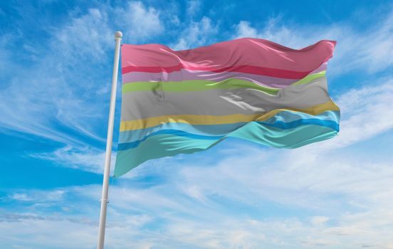 flag of Gender questioning waving in the wind at cloudy sky. Freedom and love concept. Pride month. activism, community and freedom Concept. Copy space. 3d illustration