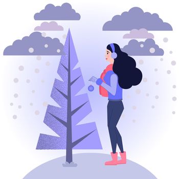 Girl decorates Christmas tree. illustration in flat style on white background.