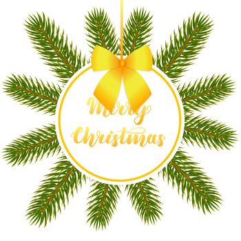 Merry Christmas. Handwritten lettering in round frame with fir branches isolated on white background.