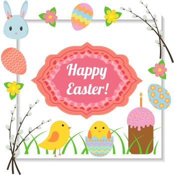 Happy Easter. Cute greeting card with traditional Easter symbols.