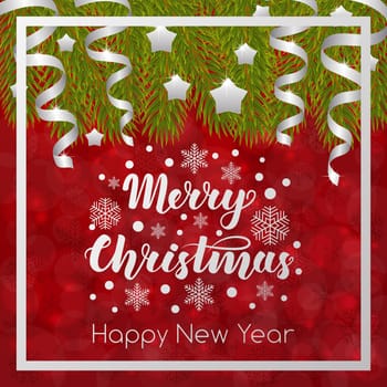 Merry Christmas. Handwritten lettering on blurred bokeh background with fir branches. illustrations for greeting cards, invitations, posters, web banners and much more.