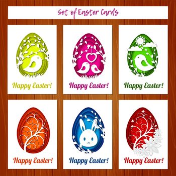 Set of Easter cards with colorful eggs in paper cutting style on wooden background. Imitation paper art style. Template for greeting Easter cards.