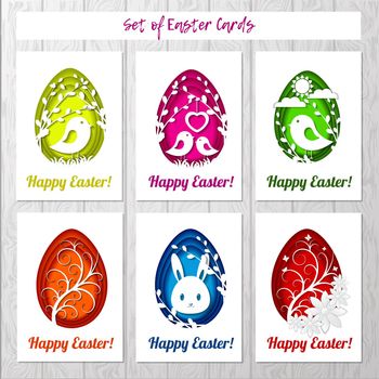 Set of Easter cards with colorful eggs in paper cutting style on gray background. Imitation paper art style. Template for greeting Easter cards.