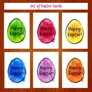 Set of Easter cards with colorful eggs on wooden background. Imitation of watercolor. Template for greeting Easter cards.