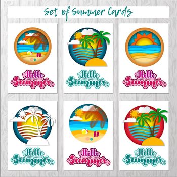 Set of summer cards with summer landscapes and lettering. illustration for cards, banners, posters, flyers, stickers and much more.
