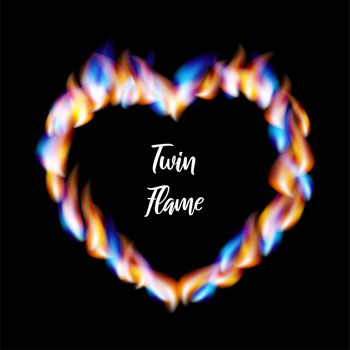 Heart-shaped frame made of orange and blue flames with the inscription Twin Flame. Twin flame. illustration on black background for web sites and much more.