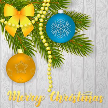 Merry Christmas. Beautiful greeting card with Christmas tree, Christmas balls, bow, beads and handwritten lettering on wooden background. illustration. .