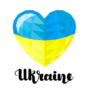 Ukraine lettering on hearts in the colors of blue and yellow Ukrainian flag with drop shadow on white background. illustration.