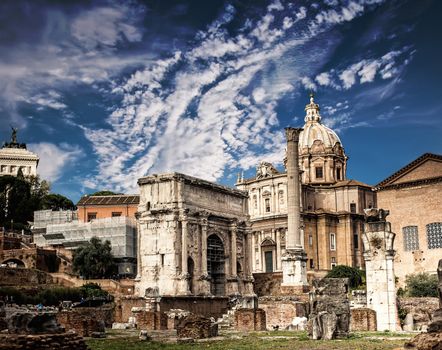 Roman Forum in Rome agains blue sky, Italy