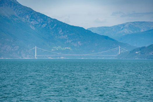 Hardanger Bridge. Hardangerbrua connecting two sides of Hardangerfjorden. Norway Hardangerfjord Hardanger bridge. newly built Hardangerbrua bridge close to Ulvik in Western Norway.