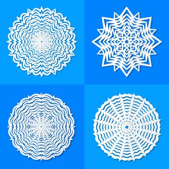 Set of white paper snowflakes on blue background. illustration.