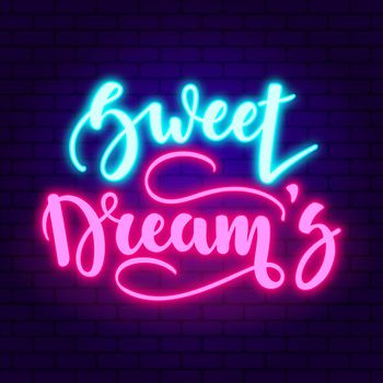 Sweet dreams. Glowing pink neon incription on dark brick wall background.