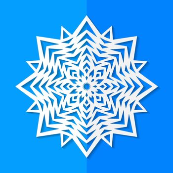 illustration of white paper snowflake on blue background.