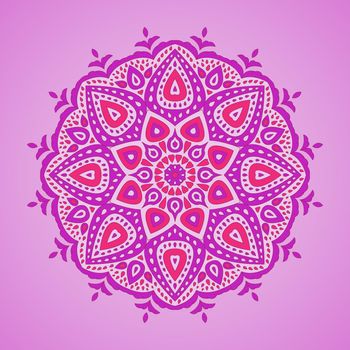 illustration of ornamental mandala on purple background.