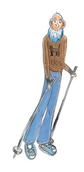 Portrait of senior gentleman with scandinavian sticks in cartoon style. Fitness concept. Digital illustration.