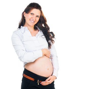 Young beautiful woman on 7 months pregnant isolated on white background