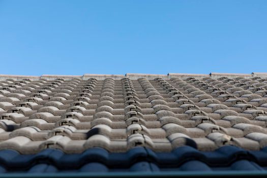 Grey terracotta roof tiles in a line on a roof in front of a bright blue sky background