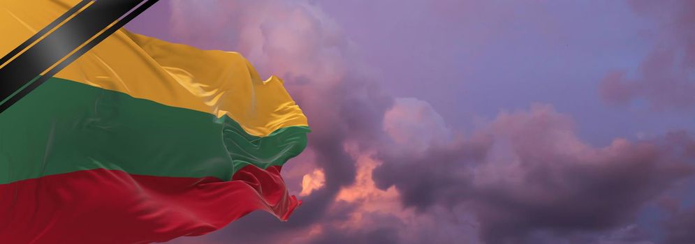 national flag of LITHUANIA with Mourning Ribbon. memory of victims of war, terrorist attack, coronavirus. Black funeral ribbon on flag Honoring memory of victims. 3D illustration.