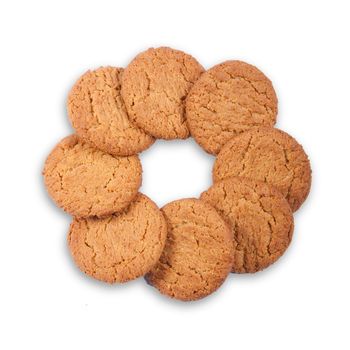 Eight gingernut biscuits in a ring on white