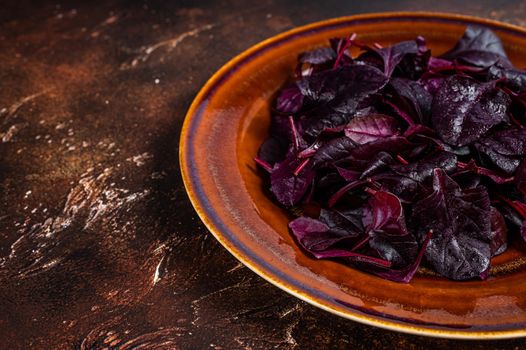 Raw Ruby or red chard salad Leafs on a rustic plate. Dark background. Top view. Copy space.