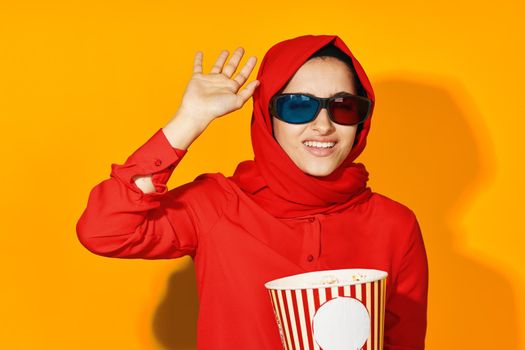 Muslim 3d glasses technology watching movie popcorn isolated background. High quality photo