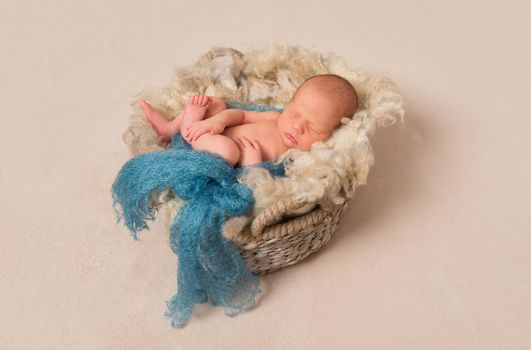 Small kid resting in child basket on a fluffy warm pillow