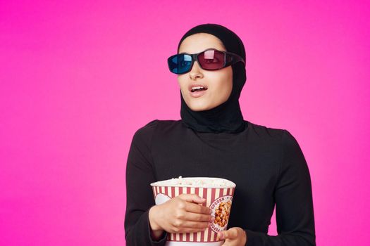 pretty woman entertainment cinema popcorn fashion isolated background. High quality photo