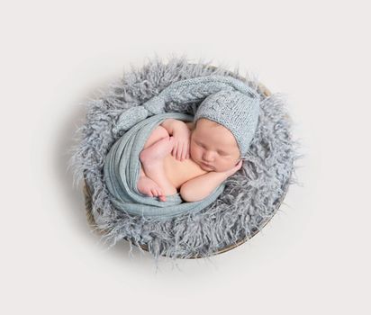 Adorable newborn sleeping curled in his wrap, on soft warm dark gray pillow, topview