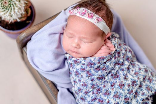 Cute sleeping newborn baby girl in violet