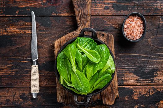 Baby romain green salad leaves in pan. Dark wooden background. Top view.