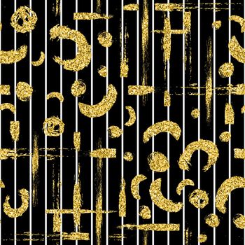 Modern seamless pattern with gold glitter brush stripe, blot and spot. Golden, white color on black background. Hand painted metallic texture. Shiny spark elements. Fashion modern style. Repeat print