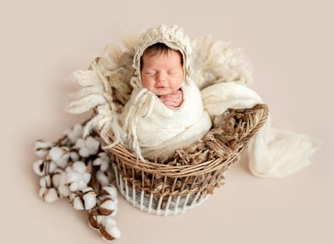 Cute sleeping newborn baby girl in the basket