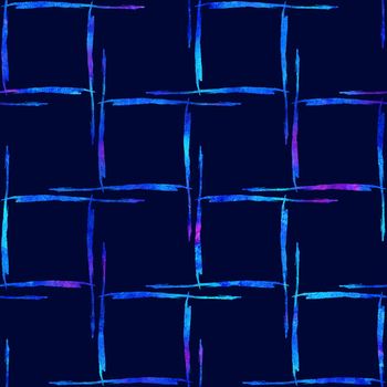 Watercolor Brush Plaid Seamless Pattern Hand Painted Check Grange Geometric Design in Blue Color. Modern Strokes and Stripes.