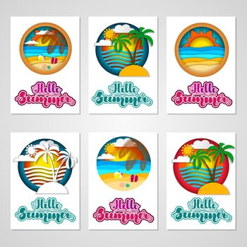 Set of summer cards with summer landscapes and lettering. illustration for cards, banners, posters, flyers, stickers and much more.