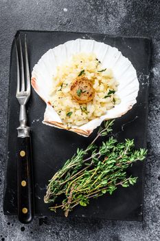 Risotto with pan seared sea scallops in a shell. Black background. Top view.