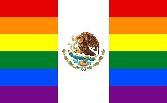 Top view of flag of Mexico, Gay, no flagpole. Plane design, layout. Flag background. Freedom and love concept. Pride month, activism, community and freedom