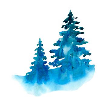 Watercolor winter snow forest isolated on white background. Treescape with pine and fir Illustration landscape for print, texture, wallpaper, greeting card. Blue and green color Beautiful watercolour.