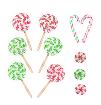 Christmas candy canes and lollipops collection isolated on white, watercolor illustration.