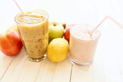 fruit smoothie fresh Fresh Desert milkshake top view. High quality photo